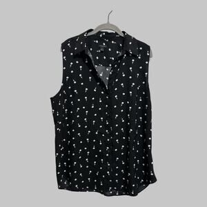 Ann Taylor Womens Collard Black Floral Button Up Office Tunic Top Size XL Tall